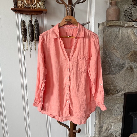 Sigrid Olsen Linen Coral V Neck Button-Up Shirt Large - Picture 1 of 5